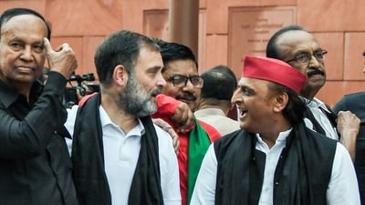 Lok Sabha LoP and Congress MP Rahul Gandhi, SP MP Akhilesh Yadav, DMK MP TR Balu and other INDIA bloc MPs during a protest against Special Intensive Revision (SIR) of electoral rolls in Bihar, during the Monsoon Session of Parliament, at Parliament premises in New Delhi on Wednesday. (ANI) Lok Sabha LoP and Congress MP Rahul Gandhi, SP MP Akhilesh Yadav, DMK MP TR Balu and other INDIA bloc MPs during a protest against Special Intensive Revision (SIR) of electoral rolls in Bihar, during the Monsoon Session of Parliament, at Parliament premises in New Delhi on Wednesday. (ANI)
