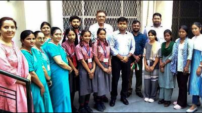 Students of Maa Sharda Vidyapeeth with DC Himanshu Jain in Ludhiana on Friday. (HT Photo) Students of Maa Sharda Vidyapeeth with DC Himanshu Jain in Ludhiana on Friday. (HT Photo)