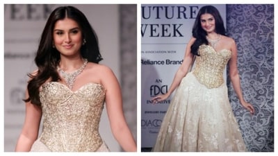 Tara Sutaria stuns in a champagne coloured gown at the India Couture Week. (PC: IG/@anchalsethofficial) Tara Sutaria stuns in a champagne coloured gown at the India Couture Week. (PC: IG/@anchalsethofficial)