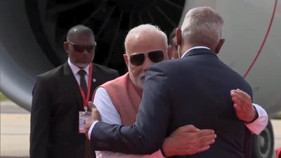 Prime Minister Narendra Modi receives a warm welcome from Maldivian President Mohamed Muizzu upon arrival in Malé, ahead of bilateral talks and Independence Day celebrations. (Screengrab from ANI) Prime Minister Narendra Modi receives a warm welcome from Maldivian President Mohamed Muizzu upon arrival in Malé, ahead of bilateral talks and Independence Day celebrations. (Screengrab from ANI)
