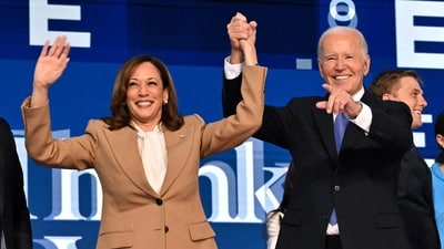Kamala Harris and Joe Biden hold hands at the Democratic National Convention in Chicago, Aug. 19. Kamala Harris and Joe Biden hold hands at the Democratic National Convention in Chicago, Aug. 19.