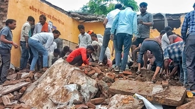 Scenes of chaos and desperation unfolded at the site, where frantic parents, villagers, and teachers scrambled to pull children from beneath the rubble. (PTI) Scenes of chaos and desperation unfolded at the site, where frantic parents, villagers, and teachers scrambled to pull children from beneath the rubble. (PTI)