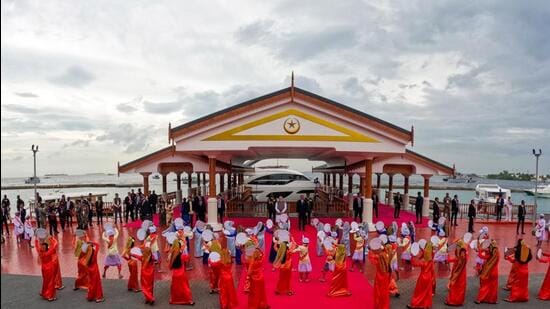 Prime Minister Narendra Modi receives a ceremonial welcome at Republic Square in Malé on Friday. Maldives President Mohamed Muizzu was also present. (DPR PMO/ANI)