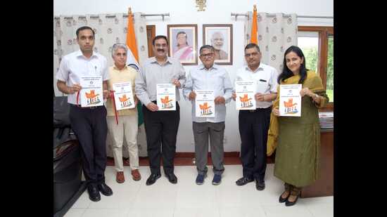 Punjab governor and UT administrator Gulab Chand Kataria unveiling the inclusive education policy for children with special needs in the presence of chief secretary Rajeev Verma, education secretary Preerna Puri and director school education Harsuhinder Pal Singh Brar in Chandigarh on Friday. (HT Photo)