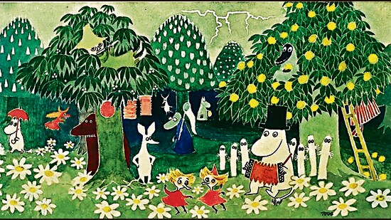 The books feature a recurring cast of characters: young Moomintroll; the affectionate Moominmamma; the adventurous Moominpapa; cowardly little Sniff; carefree Snufkin; and Hemulen, the family friend from a collection-obsessed species.