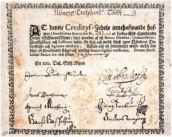 A 1666 banknote for 100 Swedish daler, issued by Stockholms Banco, signed by founder Johan Palmstruch. (Wikimedia)