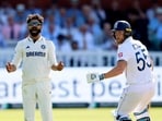 India's Ravindra Jadeja reacts after bowling as England's Ben Stokes looks on