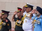 New Delhi: Chief of Defence Staff General Anil Chauhan, Vice Chief of the Army Staff Lt. General N.S. Raja Subramani, Chief of the Naval Staff Admiral Dinesh K Tripathi and Chief of the Air Staff Air Chief Marshal AP Singh pay tribute to the Kargil War martyrs at the National War Memorial on the 26th anniversary of the 'Kargil Vijay Diwas', in New Delhi, Saturday.