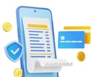 Online payment security concept with mobile phone, bank cards, bill, gold coins and shield with check mark. Safe financial transfer with smartphone, credit cards and receipt, 3d render illustration
