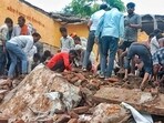 Locals during the rescue work after a government school building collapsed, in Jhalawar district, Rajasthan, Friday, July 25, 2025. Locals during the rescue work after a government school building collapsed, in Jhalawar district, Rajasthan, Friday, July 25, 2025.