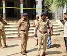 Police at the temple where the crime was committed in Uttar Pradesh’s Mainpuri district on July 26. (HT photo)