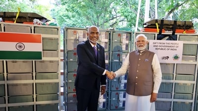 Prime Minister Narendra Modi presents Bharat Health Initiative for Sahyog, Hita & Maitri (BHISHM) Health Cubes to Maldivian President Mohamed Muizzu, in Malé on Friday. (DPR PMO) Prime Minister Narendra Modi presents Bharat Health Initiative for Sahyog, Hita & Maitri (BHISHM) Health Cubes to Maldivian President Mohamed Muizzu, in Malé on Friday. (DPR PMO)