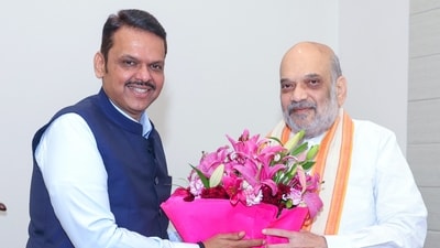 Union Home Minister Amit Shah meets Maharashtra Chief Minister Devendra Fadnavis, in New Delhi on Friday. (X/@HMOIndia) Union Home Minister Amit Shah meets Maharashtra Chief Minister Devendra Fadnavis, in New Delhi on Friday. (X/@HMOIndia)