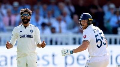 India's Ravindra Jadeja reacts after bowling as England's Ben Stokes looks on (Action Images via Reuters)