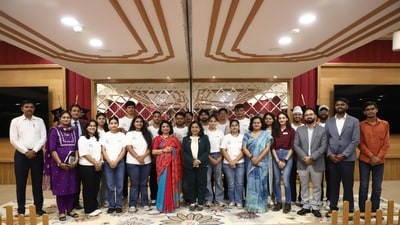 Dr Madhu Chitkara, co-founder and pro-chancellor, was conferred upon the Visionary Leadership Award for Excellence in Sustainability & Education for spearheading green innovation and academic transformation at the university. (HT Photo)