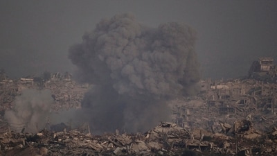 Smoke rises to the sky following an Israeli airstrike in the northern Gaza Strip as seen from southern Israel, Saturday, July 26, 2025. (AP)