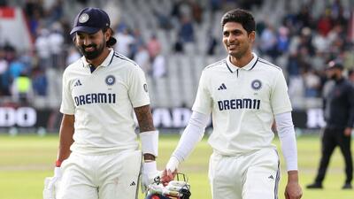 India's KL Rahul (L) walks off with captain Shubman Gill (R) at the end of Day 4 of Manchester Test. (AFP) India's KL Rahul (L) walks off with captain Shubman Gill (R) at the end of Day 4 of Manchester Test. (AFP)