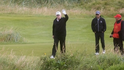 US President Donald Trump plays golf at the Trump Turnberry golf course in Turnberry, Scotland, UK on Saturday, July 26, 2025. (Bloomberg) US President Donald Trump plays golf at the Trump Turnberry golf course in Turnberry, Scotland, UK on Saturday, July 26, 2025. (Bloomberg)