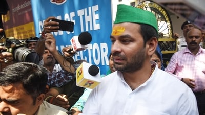 Tej Pratap had posted a woman’s pictures on social media, claiming he was in a relationship with her for 12 years. (Santosh Kumar/ Hindustan Times)