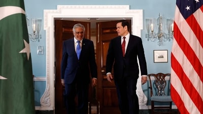 US secretary of state Marco Rubio (R) and Pakistani foreign minister Ishaq Dar walk together prior to a meeting at the department of state on July 25, 2025 in Washington, DC. (AFP)