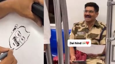 A viral video showed a CISF officer beaming with joy after an artist gifted him a sketch. (X/@CISFHQrs) A viral video showed a CISF officer beaming with joy after an artist gifted him a sketch. (X/@CISFHQrs)