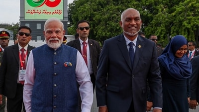 PM Narendra Modi with Maldives President Mohamed Muizzu on the concluding day of his visit to the island nation on July 26. (X/@narendramodi) PM Narendra Modi with Maldives President Mohamed Muizzu on the concluding day of his visit to the island nation on July 26. (X/@narendramodi)