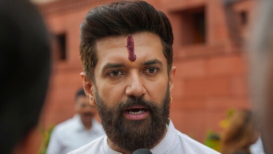 Union Minister Chirag Paswan speaks to the media during the Monsoon session of Parliament. (PTI)