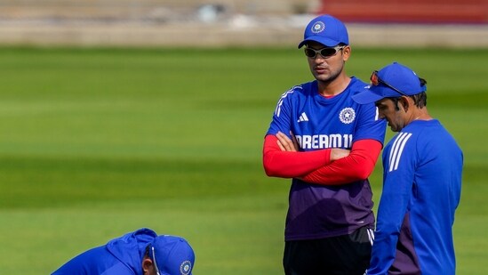 Manchester: India's captain Shubman Gill along with head coach Gautam Gambhir and a support staff inspects the pitch (PTI)