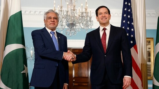 US secretary of state Marco Rubio (R) greets Pakistani deputy Prime Minister and foreign minister Ishaq Dar at the Department of State on Friday. (Getty Images via AFP)