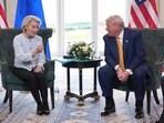 President Donald Trump and European Commission President Ursula von der Leyen speak as they meet at the Trump Turnberry golf course in Turnberry, Scotland Sunday, July 27, 2025. (AP/PTI)(AP07_27_2025_000467B)