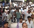 Candidates at one of the centres in Lucknow where RO/ARO prelim exam 2023 was held on July 27. (Deepak Gupta/HT photo)