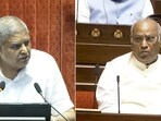 Former Vice President and Rajya Sabha Chairman Jagdeep Dhankhar (left) with Congress President and Leader of Opposition in Rajya Sabha Mallikarjun Kharge (right) on the first day of the Monsoon Session of Parliament, July 21. Former Vice President and Rajya Sabha Chairman Jagdeep Dhankhar (left) with Congress President and Leader of Opposition in Rajya Sabha Mallikarjun Kharge (right) on the first day of the Monsoon Session of Parliament, July 21.