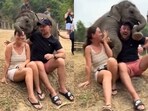 A baby elephant showed affection by cuddling humans.