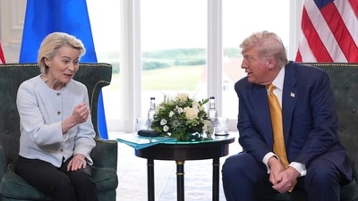 President Donald Trump and European Commission President Ursula von der Leyen speak as they meet at the Trump Turnberry golf course in Turnberry, Scotland Sunday, July 27, 2025. (AP/PTI)(AP07_27_2025_000467B) (AP)