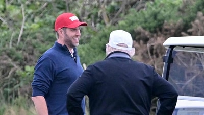 Eric Trump (L) son of US President Donald Trump reacts as he plays golf at the Trump Turnberry Golf Courses, in Turnberry on the south west coast of Scotland on July 27, 2025, during the third day of his visit to the country, since his second tenure as President began. (AFP) Eric Trump (L) son of US President Donald Trump reacts as he plays golf at the Trump Turnberry Golf Courses, in Turnberry on the south west coast of Scotland on July 27, 2025, during the third day of his visit to the country, since his second tenure as President began. (AFP)