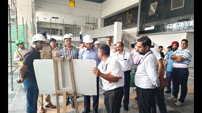 Manoj Yadav, director general of RPF inspecting Chandigarh railway station redevelopment work on Sunday. (HT Photo)
