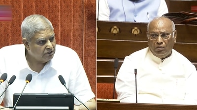 Former Vice President and Rajya Sabha Chairman Jagdeep Dhankhar (left) with Congress President and Leader of Opposition in Rajya Sabha Mallikarjun Kharge (right) on the first day of the Monsoon Session of Parliament, July 21. (Sansad TV) Former Vice President and Rajya Sabha Chairman Jagdeep Dhankhar (left) with Congress President and Leader of Opposition in Rajya Sabha Mallikarjun Kharge (right) on the first day of the Monsoon Session of Parliament, July 21. (Sansad TV)
