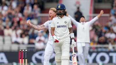 Ben Stokes gave England a rip-roaring start to the day. After not bowling on Day 4, Stokes bowled through pain and discomfort to get one to stay low and hit KL Rahul on the pads, dismissing him LBW. (PTI) Ben Stokes gave England a rip-roaring start to the day. After not bowling on Day 4, Stokes bowled through pain and discomfort to get one to stay low and hit KL Rahul on the pads, dismissing him LBW. (PTI)