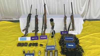 The weapons recovered by security forces after Saturday’s encounter with Maoists in Chhattisgarh’s Bijapur district. (PTI) The weapons recovered by security forces after Saturday’s encounter with Maoists in Chhattisgarh’s Bijapur district. (PTI)