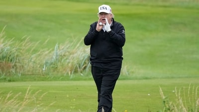 President Donald Trump shouts as he plays golf at the Trump Turnberry golf course in Turnberry, Scotland, Sunday, July 27, 2025.(AP Photo/Alastair Grant) (AP) President Donald Trump shouts as he plays golf at the Trump Turnberry golf course in Turnberry, Scotland, Sunday, July 27, 2025.(AP Photo/Alastair Grant) (AP)