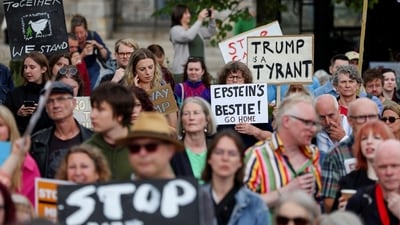 Anti-Trump demonstrators gather during a rally organised by the campaign group Stop Trump Coalition, protesting the visit of U.S President Donald Trump, in Aberdeen, Scotland, Britain, July 26, 2025. REUTERS/Russell Cheyne (REUTERS)
