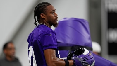 Minnesota Vikings wide receiver Justin Jefferson (18) stands on the field during the team's NFL football training camp Wednesday, July 23, 2025, in Eagan, Minn. (AP) Minnesota Vikings wide receiver Justin Jefferson (18) stands on the field during the team's NFL football training camp Wednesday, July 23, 2025, in Eagan, Minn. (AP)