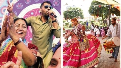 Delhi's Chief Minister Rekha Gupta cheers on as singer Jasbir Jassi enthrals the crowd on day one of Teej Mahotsav 2025; (Right) Performing artistes welcome visitors at the mela. (Photo: PTI)
