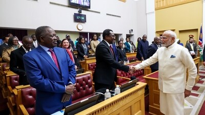 Prime Minister Narendra Modi greets the members of the Namibian Parliament in Windhoek on Wednesday. (PMO) Prime Minister Narendra Modi greets the members of the Namibian Parliament in Windhoek on Wednesday. (PMO)