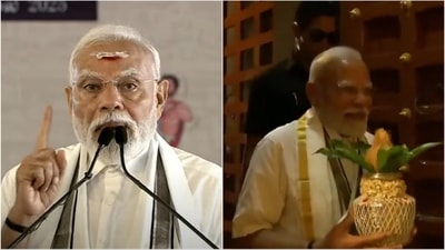 PM Modi was seen in traditional Tamil attire – a white veshti (dhoti), white shirt, and angavasthram draped around his neck – as he visited the historic temple on Sunday. (ANI) PM Modi was seen in traditional Tamil attire – a white veshti (dhoti), white shirt, and angavasthram draped around his neck – as he visited the historic temple on Sunday. (ANI)