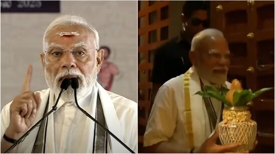 PM Modi was seen in traditional Tamil attire – a white veshti (dhoti), white shirt, and angavasthram draped around his neck – as he visited the historic temple on Sunday. (ANI)