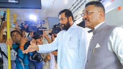 Thane: Maharashtra Deputy Chief Minister Eknath Shinde and state Minister of Transport Pratap Sarnaik during the inspection of the IT security system in the Smart Bus operated by the ST Corporation between Thane and Nagpur, in Thane on Wednesday. (ANI Photo) (Anil Shinde) Thane: Maharashtra Deputy Chief Minister Eknath Shinde and state Minister of Transport Pratap Sarnaik during the inspection of the IT security system in the Smart Bus operated by the ST Corporation between Thane and Nagpur, in Thane on Wednesday. (ANI Photo) (Anil Shinde)