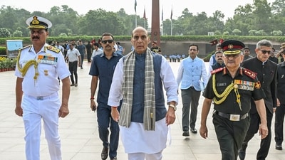 Defence minister Rajnath Singh with top officers of the Indian armed forces. (ANI File) Defence minister Rajnath Singh with top officers of the Indian armed forces. (ANI File)