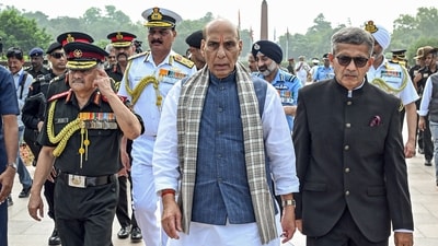 Defence minister Rajnath Singh with Chief of Defence Staff General Anil Chauhan, Chief of the Naval Staff Admiral Dinesh K Tripathi and Defence Secretary, Rajesh Kumar Singh after paying tribute to fallen heroes on the occasion of Kargil Vijay Diwas at National War Memorial, New Delhi, on Saturday. (ANI) Defence minister Rajnath Singh with Chief of Defence Staff General Anil Chauhan, Chief of the Naval Staff Admiral Dinesh K Tripathi and Defence Secretary, Rajesh Kumar Singh after paying tribute to fallen heroes on the occasion of Kargil Vijay Diwas at National War Memorial, New Delhi, on Saturday. (ANI)