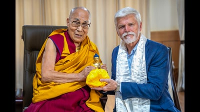 Czech Republic President Petr Pavel meets Tibetan spiritual leader Dalai Lama, in Leh on Sunday. (ANI)